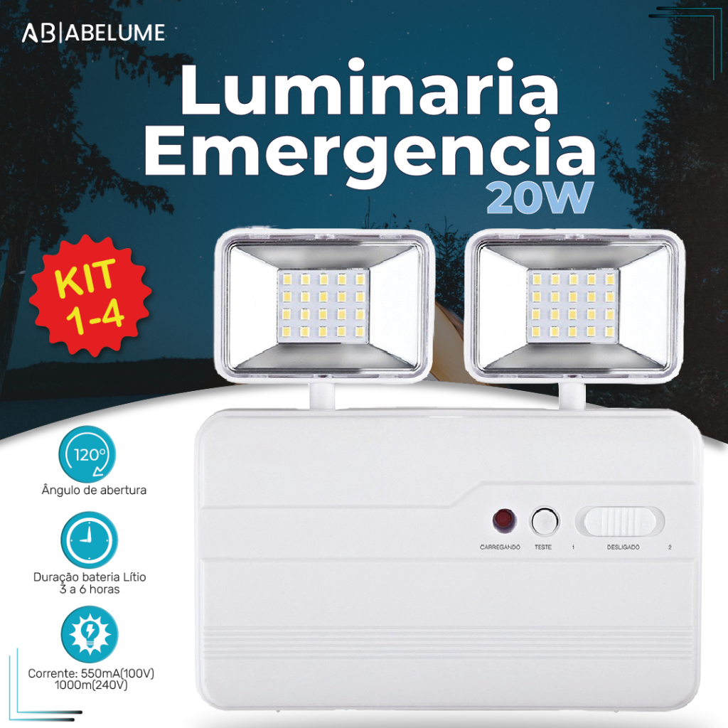 Luminária de Emergência LED PRO 20W com 2 Farol 40 LEDS Luz Branco Frio