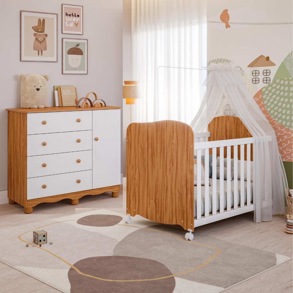 Quarto de Bebê Completo Berço Americano Uli Cômoda 1 Porta 4 Gavetas 100% MDF Junior