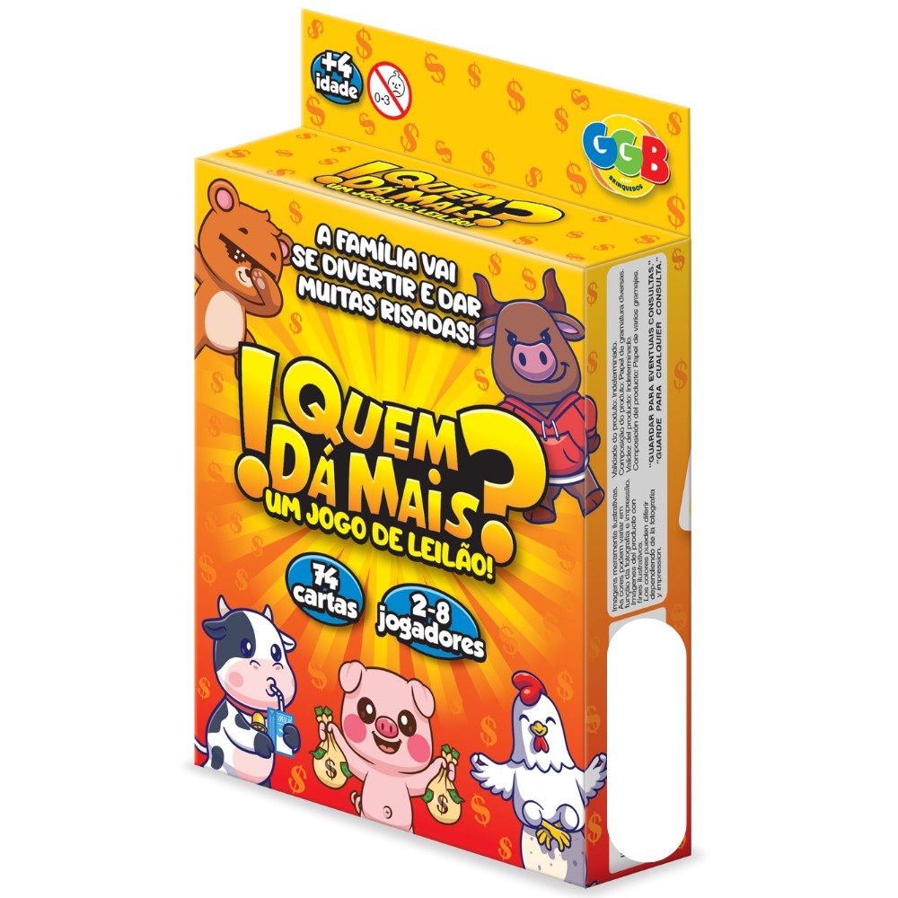 JOGO QUEM DÁ MAIS? UM JOGO DE LEILÃO 74 CARTAS GGB BRINQUEDO RACIOCÍNIO CRIANÇA FAMÍLIA BARALHO MESA