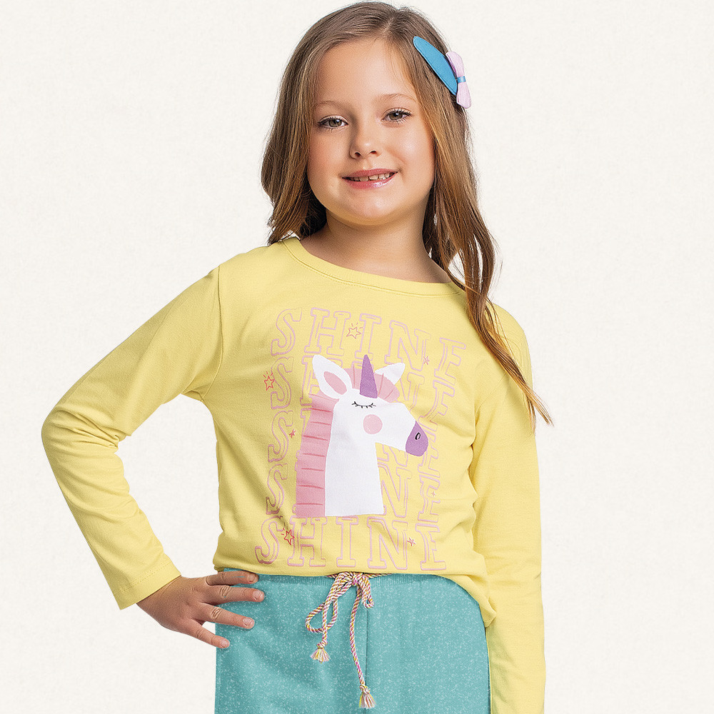 Blusa infantil manga longa em meia malha unicórnio shine Fakini