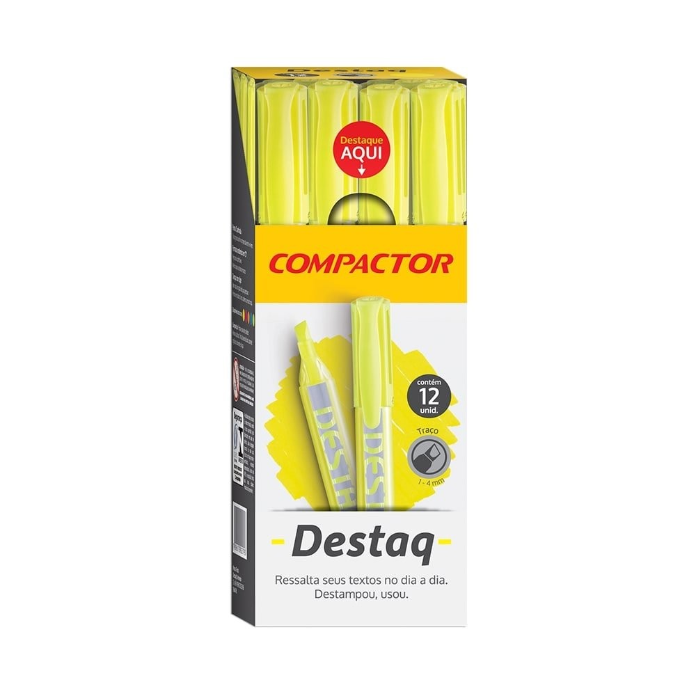 Marca Texto Compactor Destaque Amarelo - Embalagem com 12 Unidades