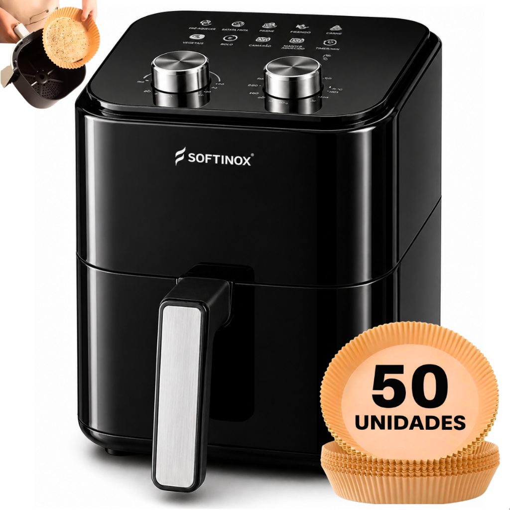 Air Fryer 4L Fritadeira Elétrica Sem Óleo 127V ou 220V Assadeira Preta Softinox + 50 Formas Papel