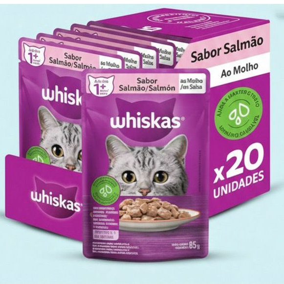 Whiskas Gato Sabor SALMÃO Caixa com 20 uniddes de 85g. Alimento Úmido.