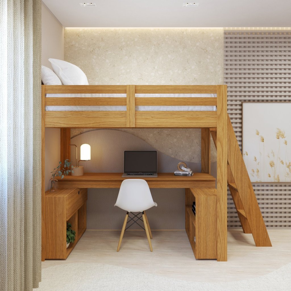 Cama Alta Beliche Office Solteiro Adulto com Escrivaninha Star Light Freijó
