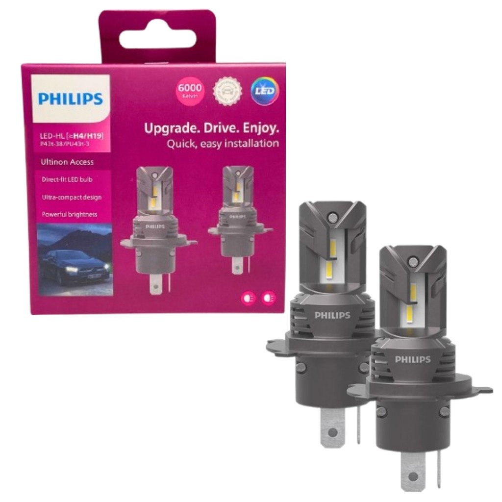 PAR DE LÂMPADA DE LED PHILIPS ULTINON ACCESS H4/H19 LUZ BRANCA 6.000K 12V FAROL ALTO E BAIXO