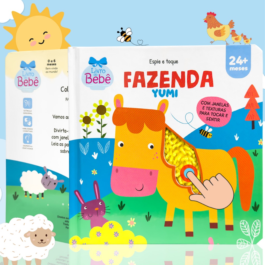 Livro Infantil Bebê Toque E Sinta Animais da Fazenda Sensorial Texturas Edição Premium