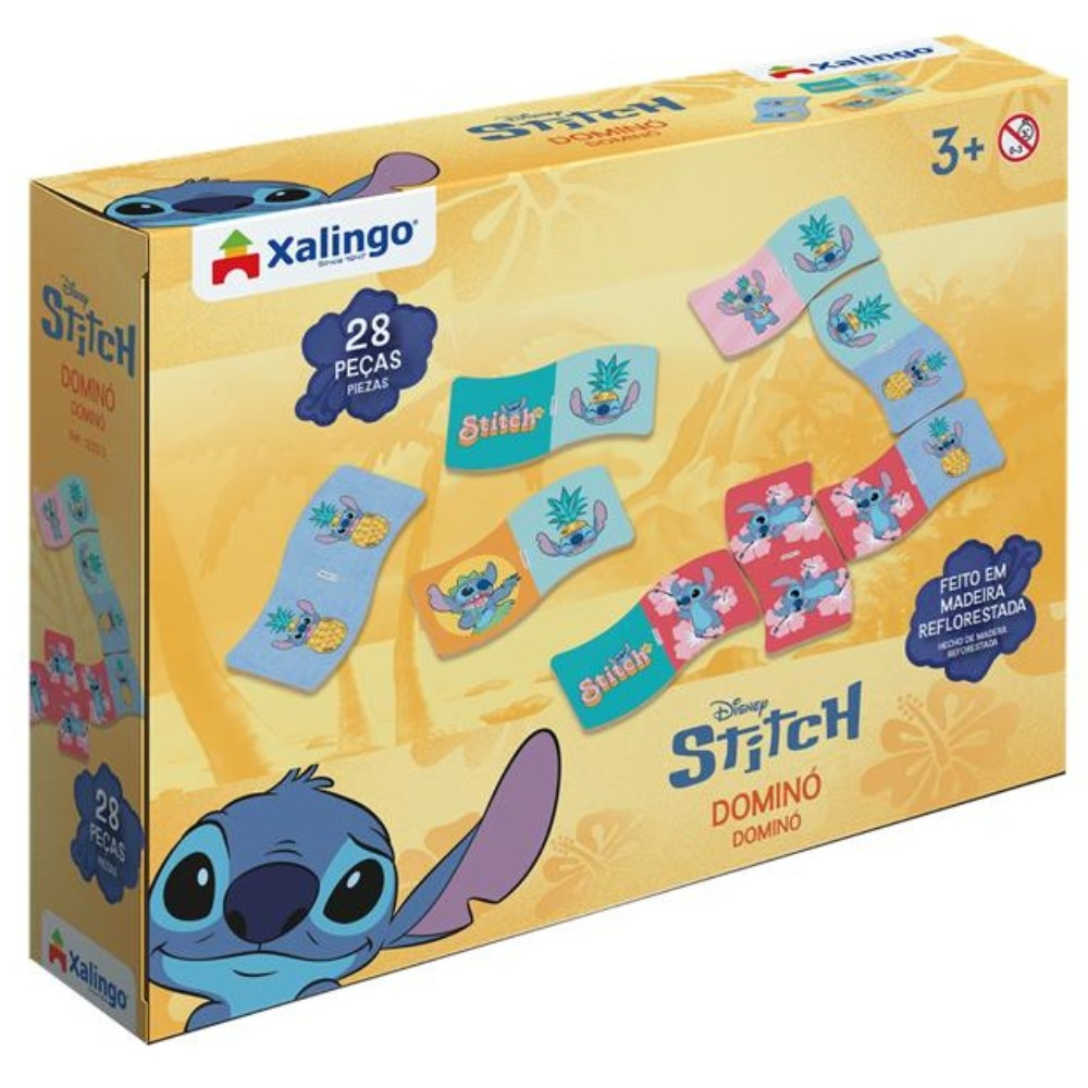 JOGO DOMINÓ STITCH 28 PEÇAS MADEIRA REFLORESTADA XALINGO DISNEY FAMÍLIA BRINQUEDO DIVERSÃO LILO AZUL