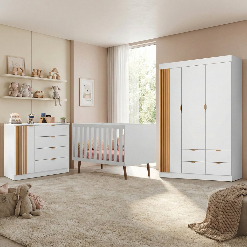 Quarto de Bebê Completo 3 Peças com Berço, Guarda-Roupa e Cômoda 100% MDF Ayla Branco Branco