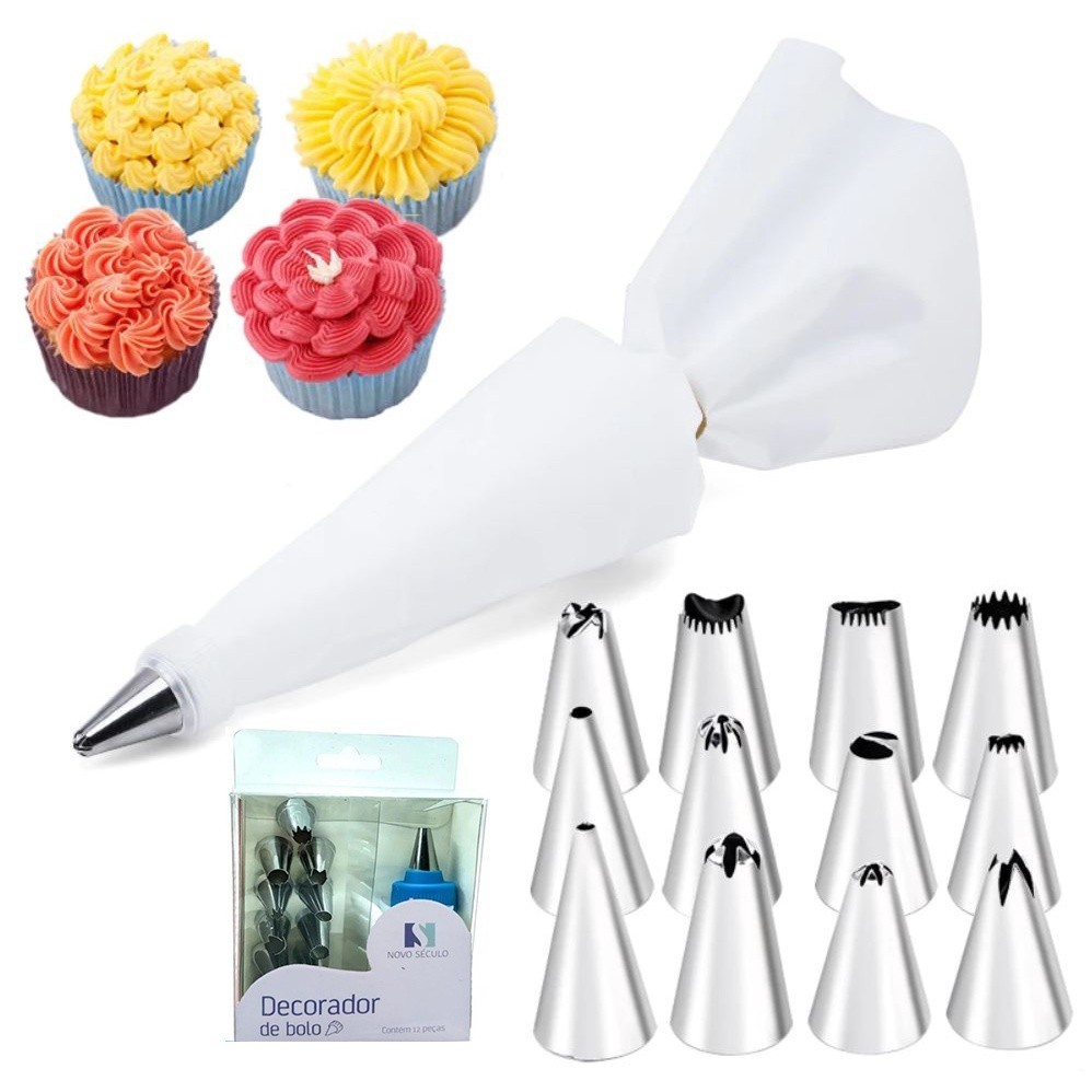 12 Bicos Confeitar Bolo Doce + Acoplador + Saco Confeiteiro -KS
