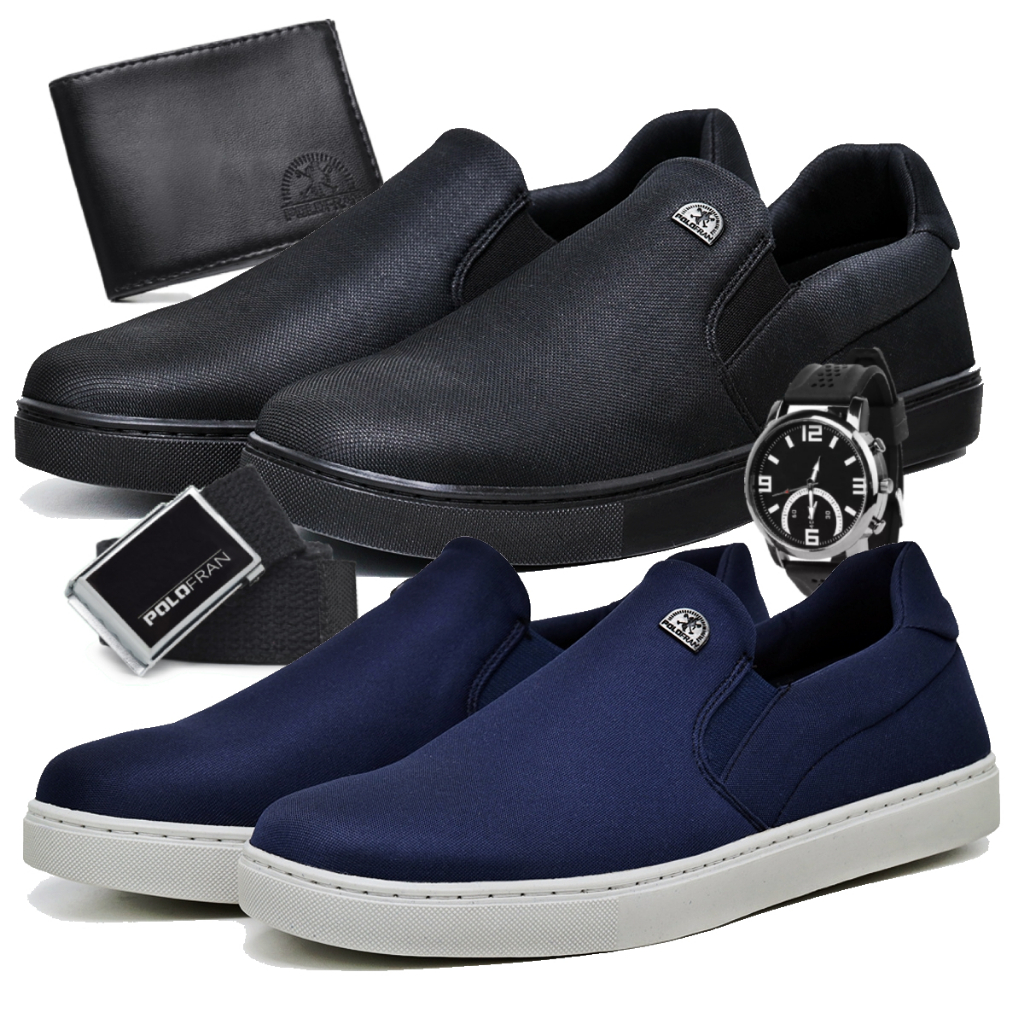 Kit 2 Tênis Masculino Mocassim SlipOn Sapatênis Casual Básico PoloFran Carteira Cinto e Relógio Bali