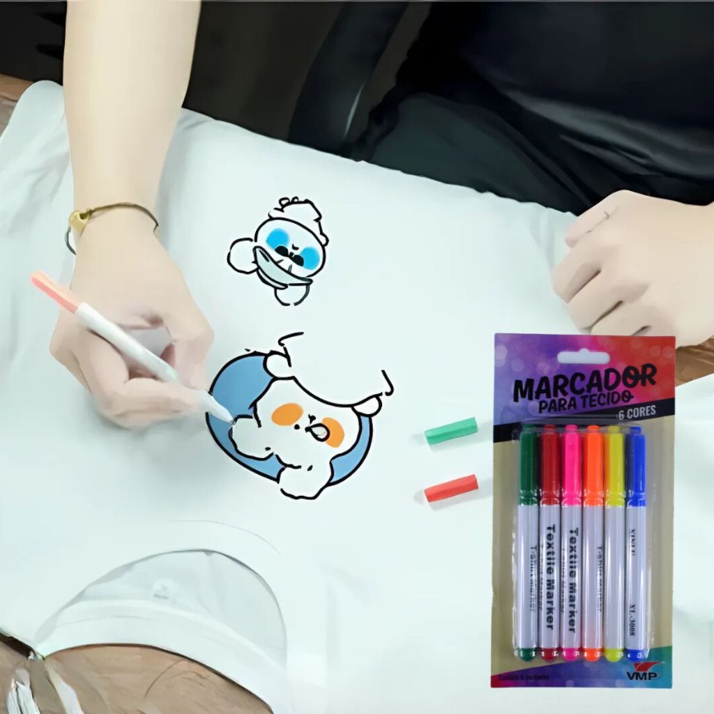 Canetão Permanente para Tecido Artesanato Costura DIY Risco Em Tecido 6 Cores Coloridas Forte