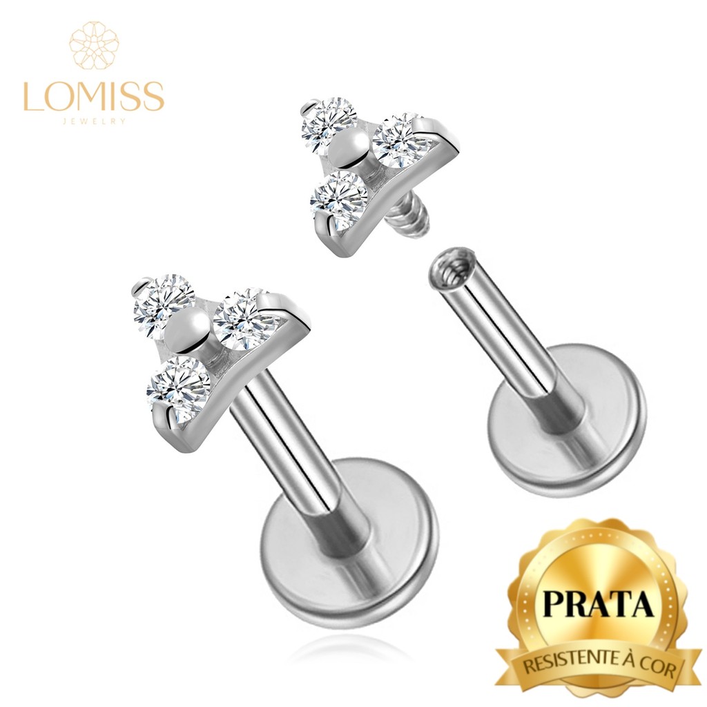LOMISS Piercing Labret Prata 925 Trinity Zircônia Cravejada Orelha Nostril