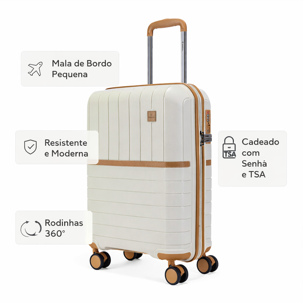 Mala de Viagem Bordo 10kg Premium Primicia Rígida ABS Resistente Cadeado TSA Rodinhas Giro 360 Anac