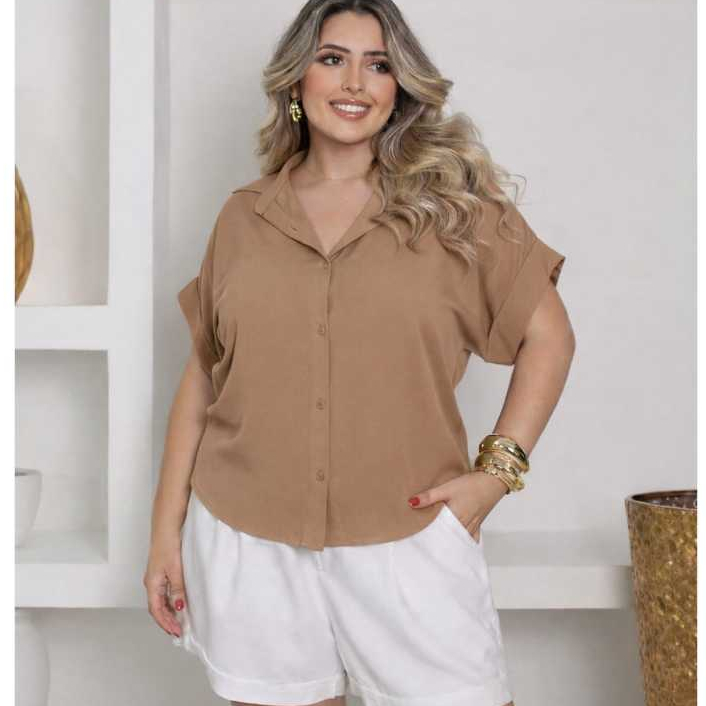 Camisa Feminina Plus Size Viscolinho Lisa Soltinha Manga Curta Casual Verão Leve Macio