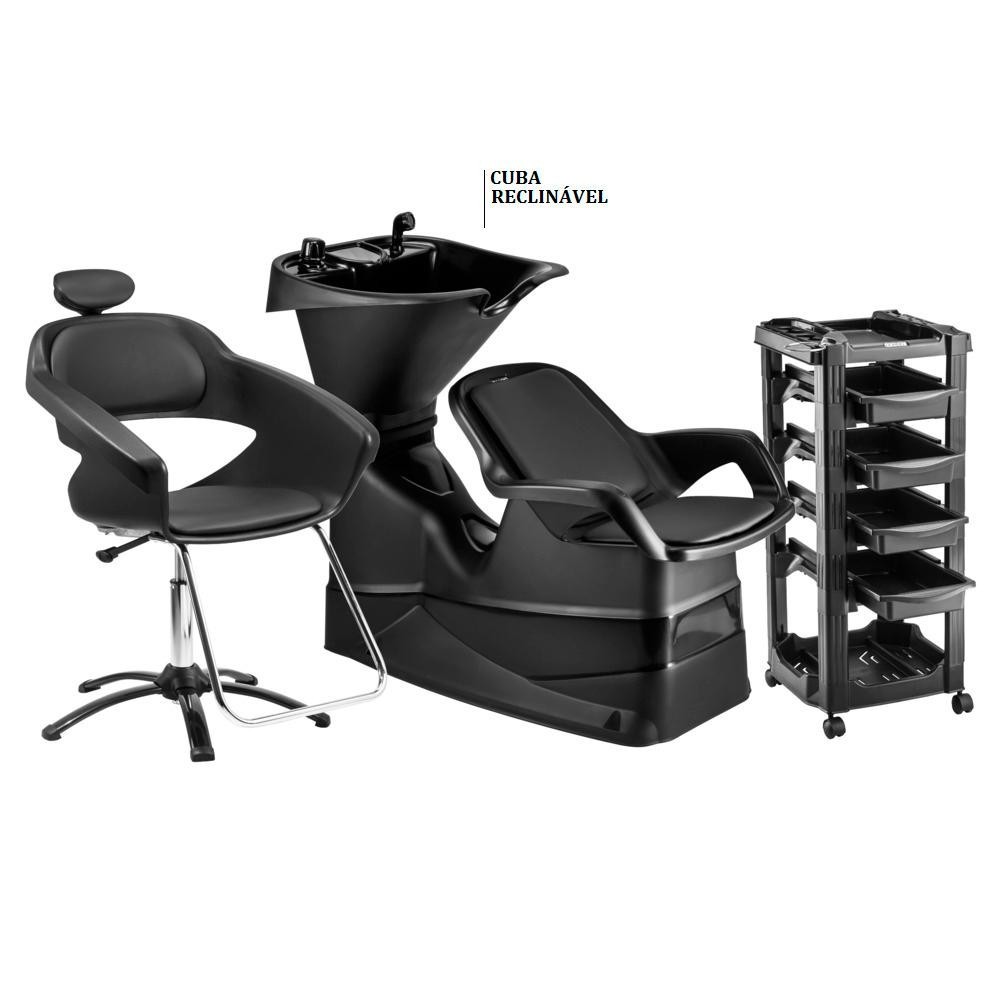 Kit Completo Cadeira De Salão Lavatório Champ com Cuba Reclinável e Carrinho Auxiliar Dompel