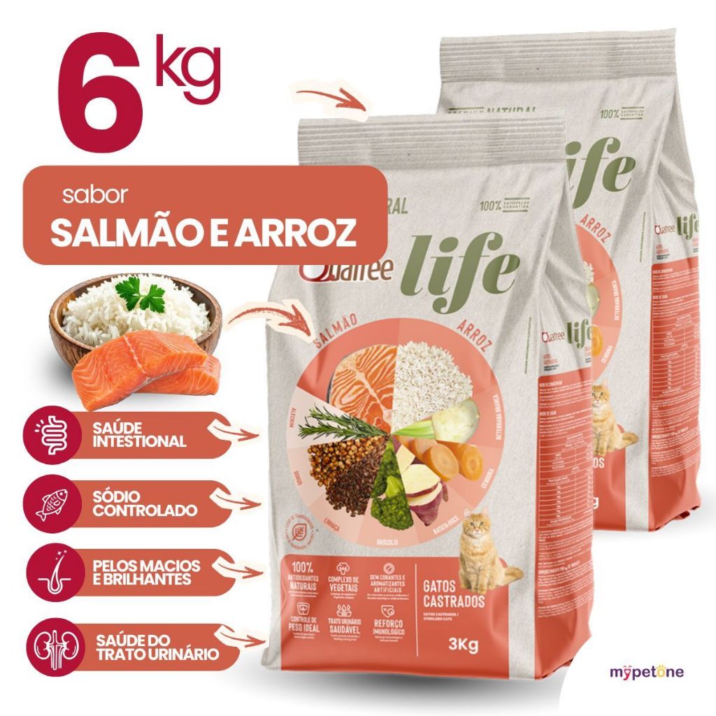 Kit 2 Ração Quatree Life Gatos Castrados Salmão e Arroz - 3Kg