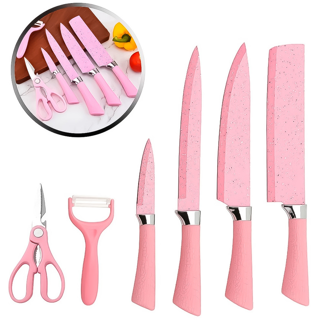 Conjunto De Facas 6 Peças Ralador Tesoura Rosa Premium