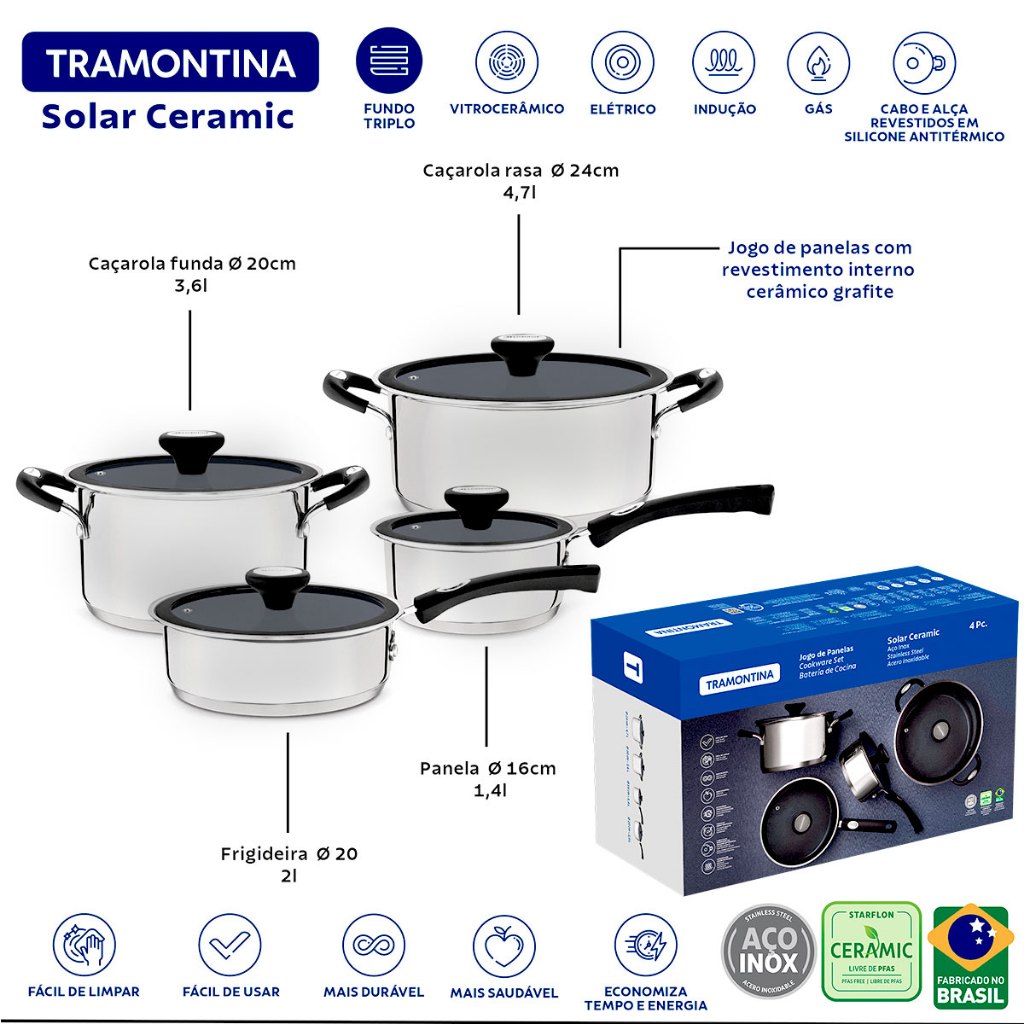 Jogo de Panelas Tramontina Solar  Aço Inox Indução Antiaderente Cerâmico 4 Pçs