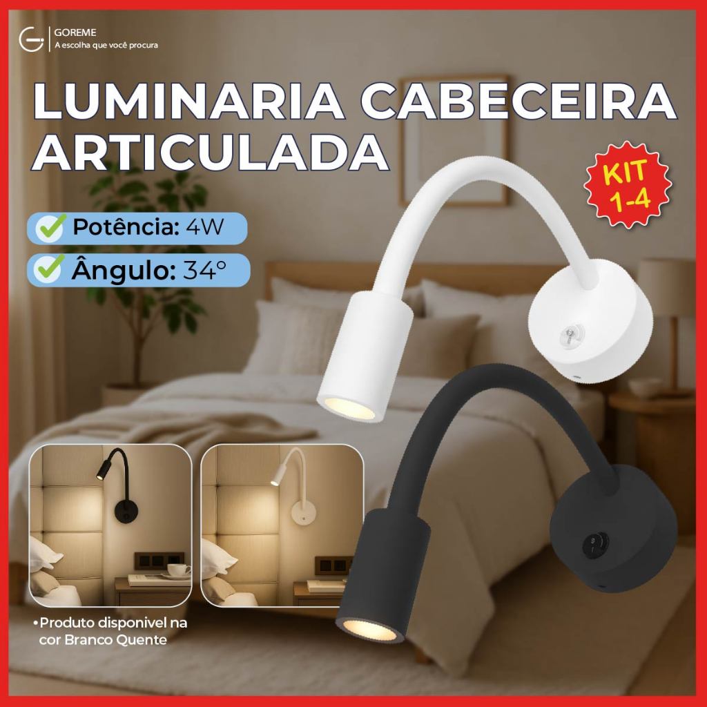 Luminária Arandela Articulada para Cabeceira Led 4W na Cor Branco ou Preto Luz Quente Bivolt