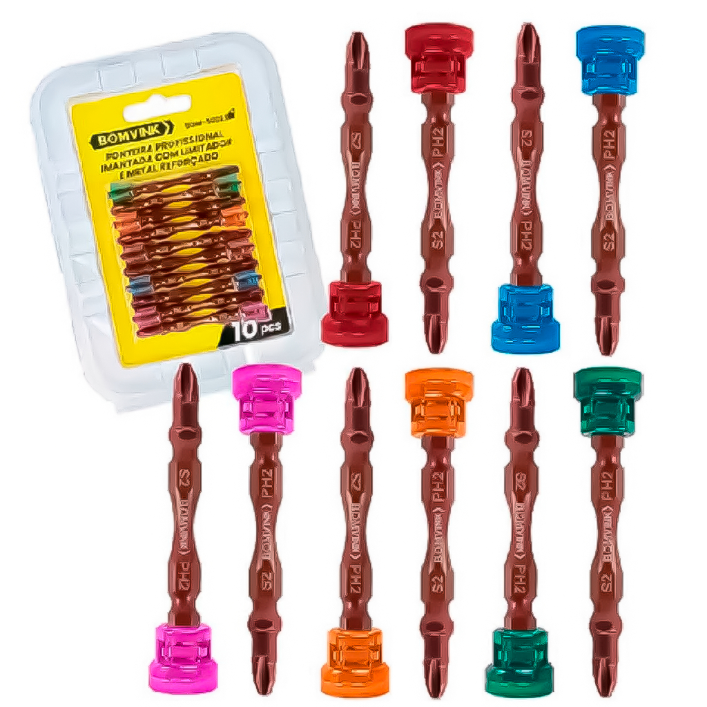 Kit Jogo 10 Peças Ponteiras Bits Philips PH2 65x6mm Ponta Dupla Para Parafusadeira Profissional