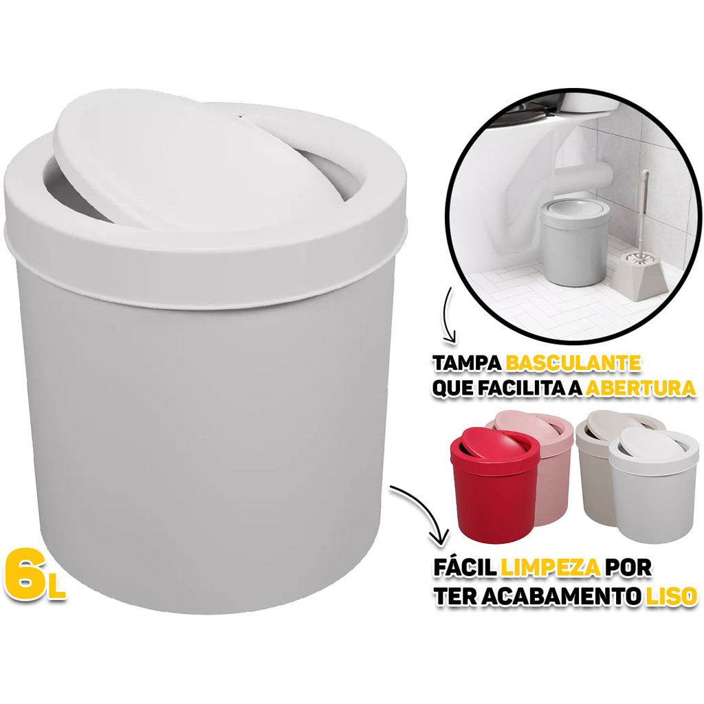 Lixeira Lixo 6 Litros Cesto Com Tampa Basculante Plástica Para Banheiro Lavabo Cozinha Escritório