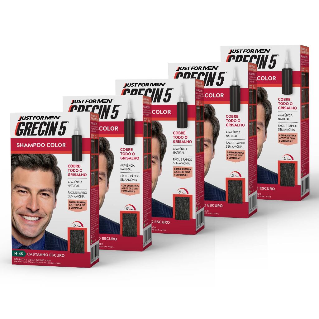 Kit 5x unidades Grecin 5 Shampoo Tintura Tonalizante Castanho Escuro H-45 60ml - Cobre os cabelos grisalhos em 5 minutos