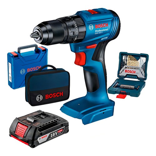 Kit Furadeira Bosch GSB-185 LI 18v + 1 Bateria 2Ah + Carregador + Kit Brocas 33 Pcs + Bolsa + Maleta