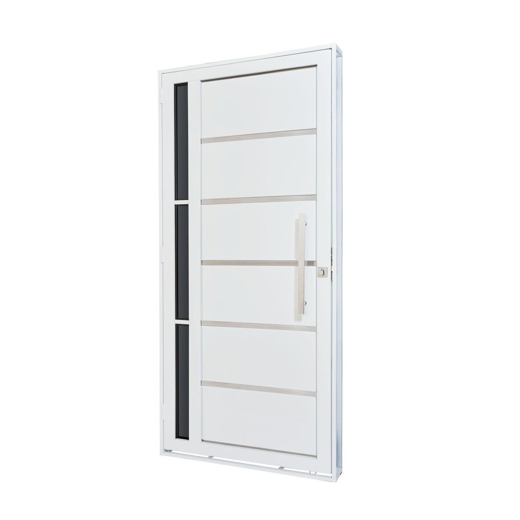 Porta de Aço Lambri 215x100cm com Friso e Puxador Inox Lateral Vidro Fumê Batente 12cm Qualitysol Ra Esquerda