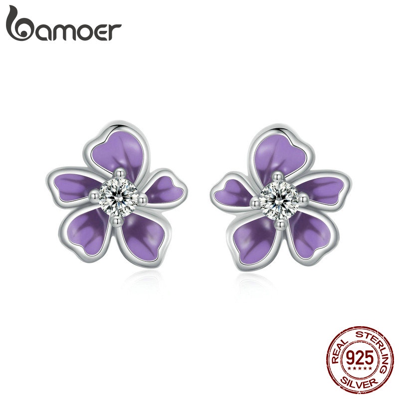 Brincos Bamoer 925 Sterling Sliver De Fita Flor Roxa Jóias Para Mulheres