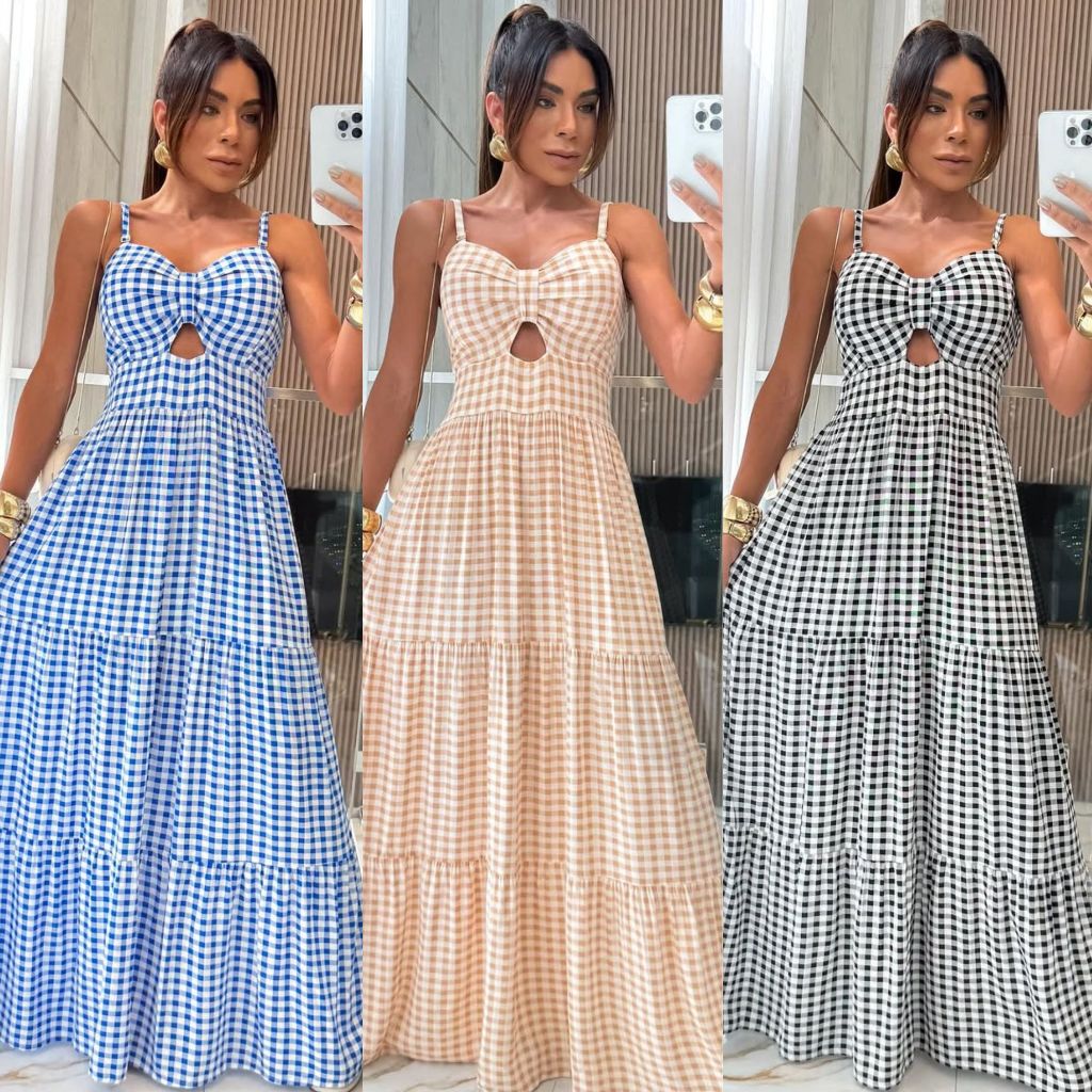 Vestido Midi Femenino Alcinha Xadrez Viscolinho Com Bojo