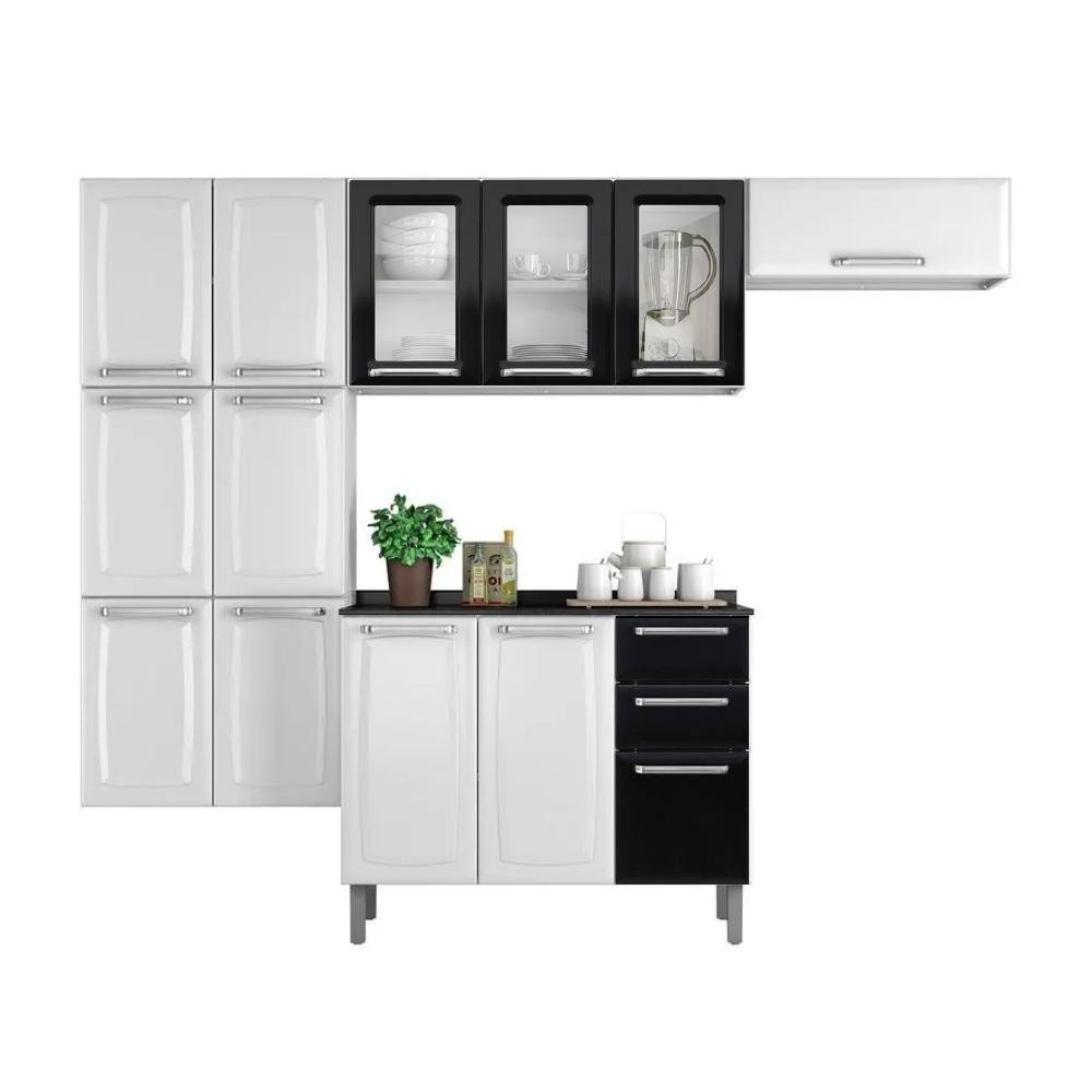Cozinha Itatiaia Luce Compacta 4 Pecas 3 Vidros Branco/Preto Paneleiro Armario Aereo Gabinete