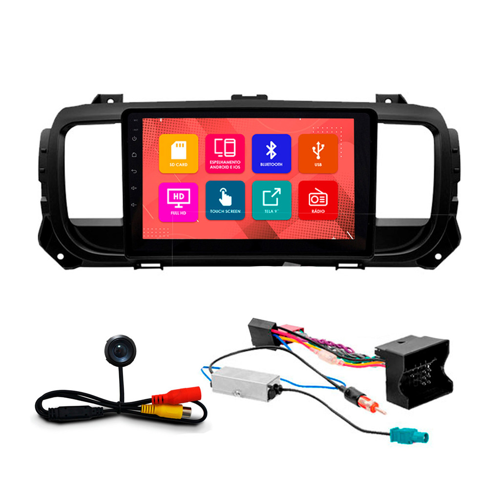 Kit Multimidia 9 Pol Peugeot 2021 22 2023 Fiat Scudo 2022 e 2023 Espelhamento Android Ios 2 Din Preto