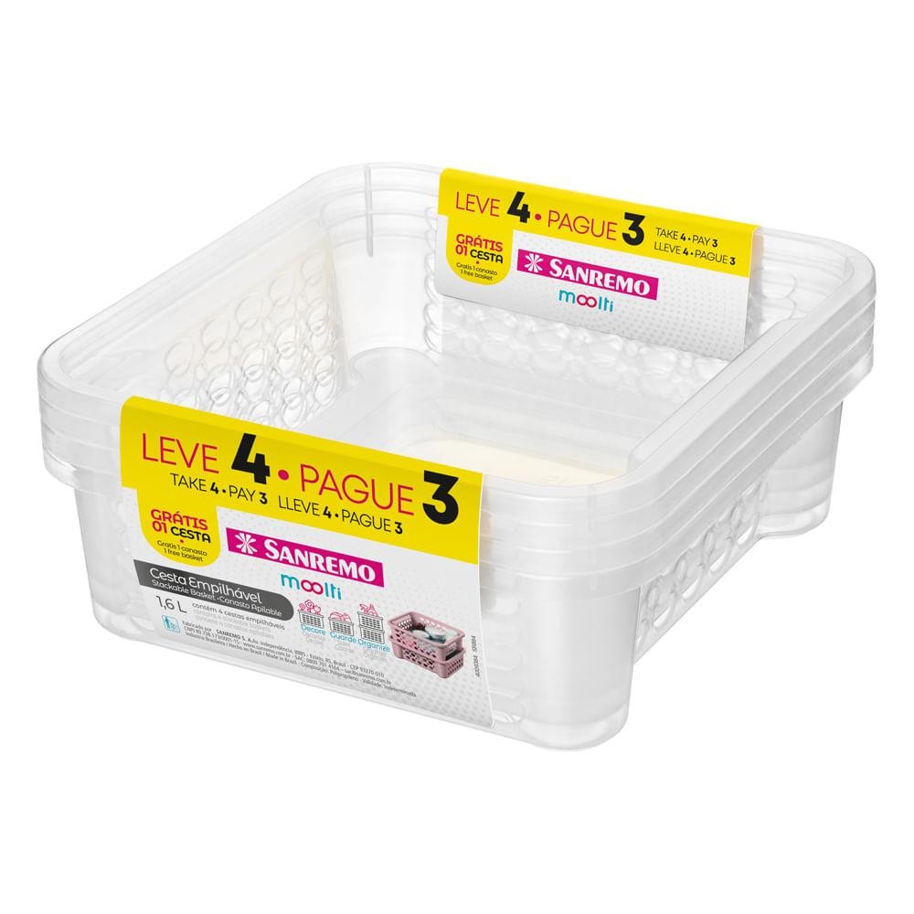 Cesta Empilhável Plástico Transparente 1,6L Moolti Sanremo Leve 4 Pague 3