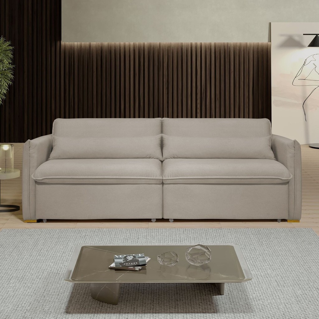 Sofá Cama Retrátil e Reclinável Veludo Bege Claro Aurora 200cm Bege Claro