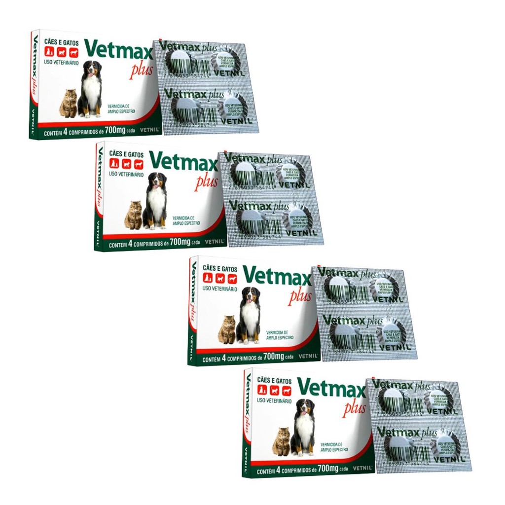 04 CX Vermífugo Cães Gatos Vetmax Plus 4 Comprimidos Vetnil