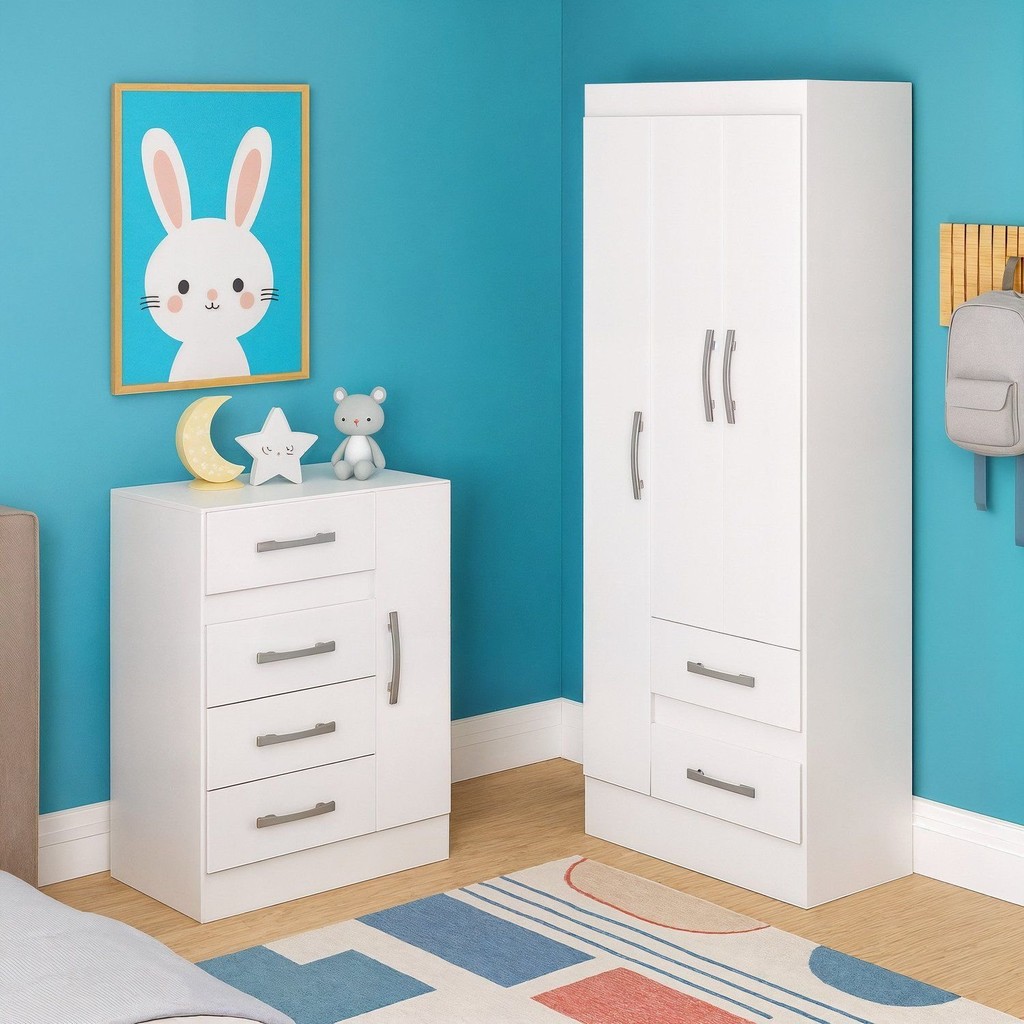 Quarto Infantil com Cômoda 4 Gavetas e 1 Porta Guarda-roupa 3 Portas e 2 Gavetas Ninho Branco