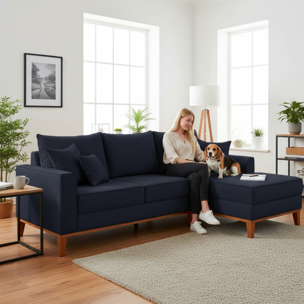 Sofá 3 Lugares Beny com Chaise Direito Linho Azul