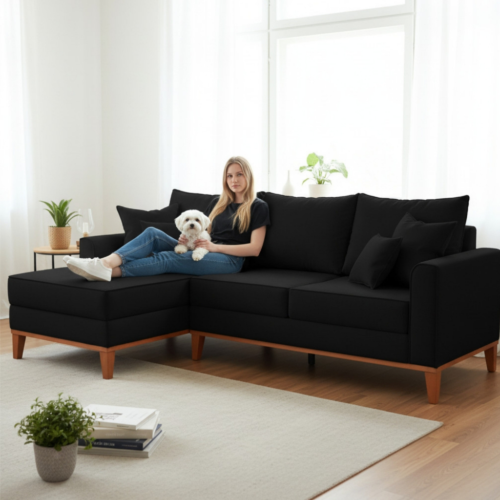Sofá 3 Lugares Beny com Chaise Esquerdo Suede Preto