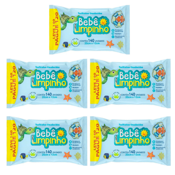 Kit 5x Toalhinhas Umedecidas Bebê Limpinho Premium 140 Unidades 20X12 CM