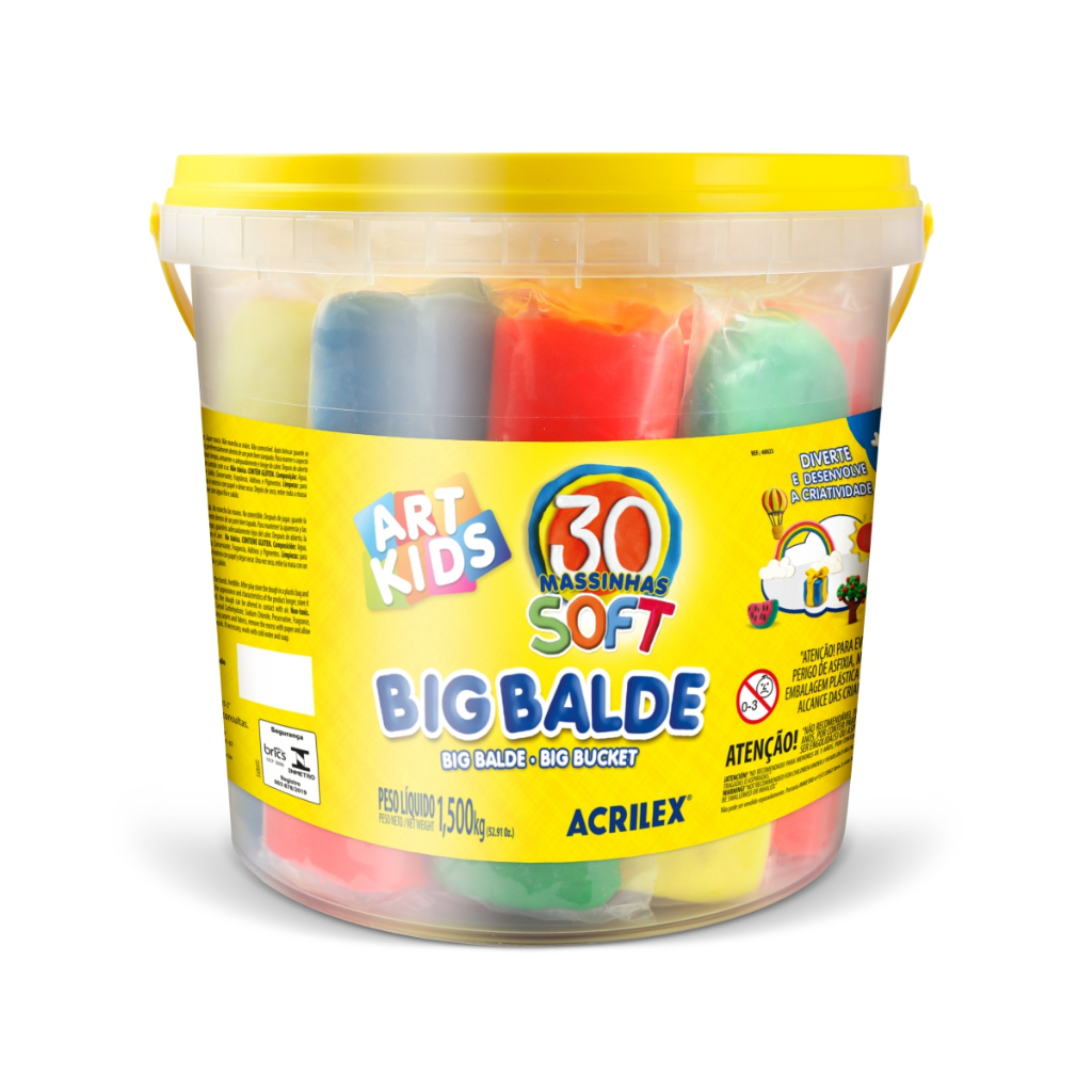 Massinha de Modelar Acrilex Art Kids Big Balde Soft 30 Cores 1,5kg Infantil Criativo Educativo