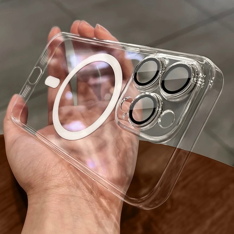 Ultra Fino Transparente Magnético Duro Caso Capinha IPhone 16 15 14 13 12 11 Pro Max Lente De Vidro Filme Proteção À Pro