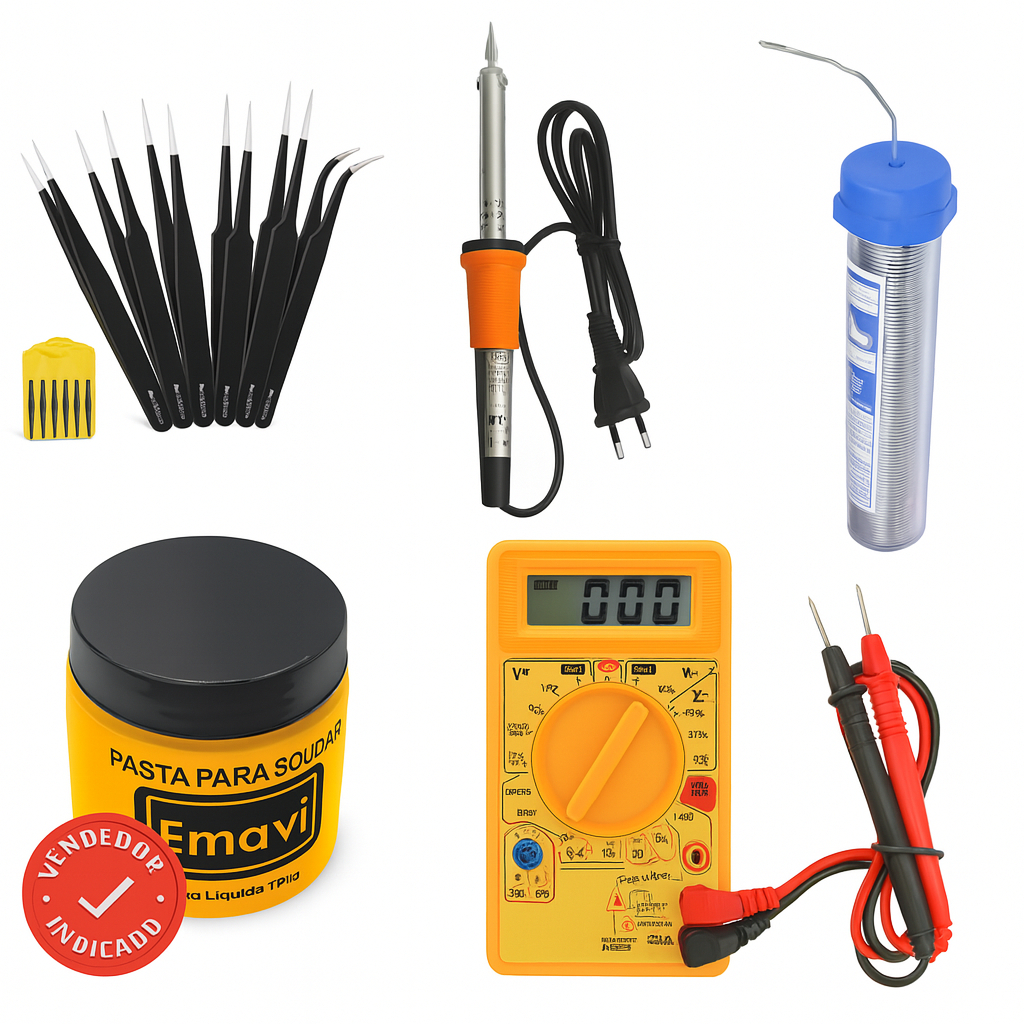 Kit Ferro De Solda + Estanho Multimetro Pasta E Pinças