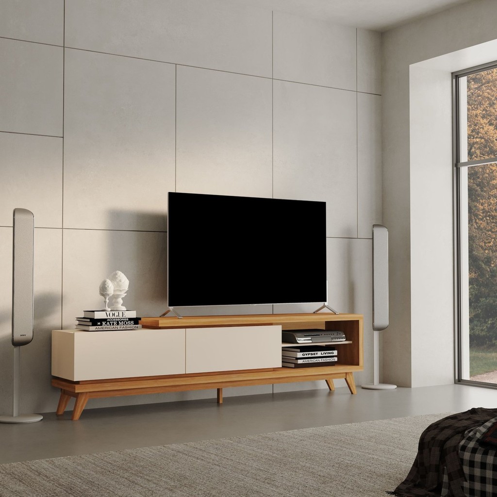 Rack para TV até 84 Polegadas 220cm Pés em Madeira Maciça S Nobre 2 Gavetas Marrom Carvalho/Off-White Carvalho/Off
