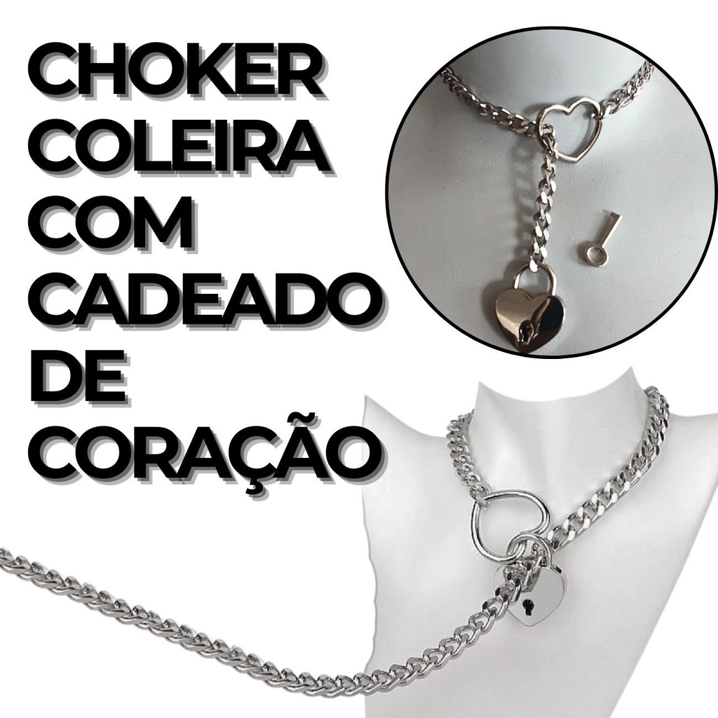 Coleira Feminina Colar Corrente Cadeado Coração Chave Cor Prata Choker Fetiche
