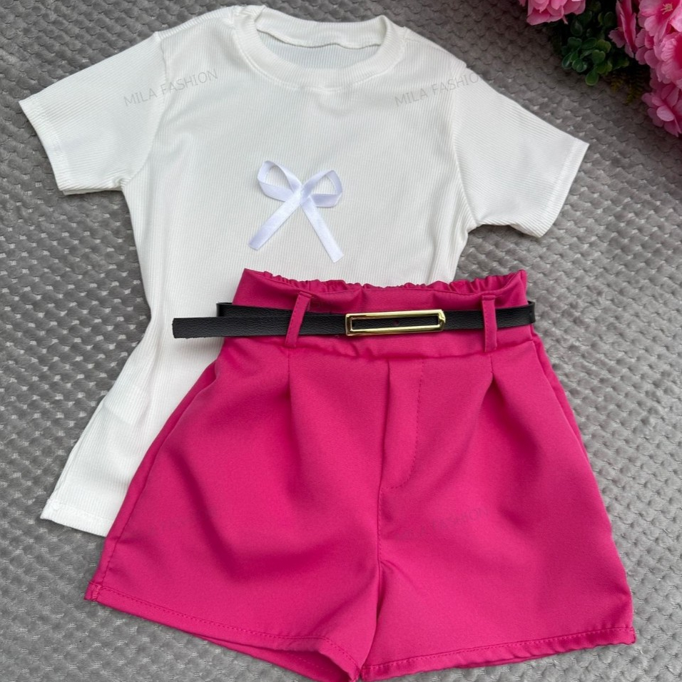 Conjunto infantil 3 peças  Blusa + Short e cinto de menina moda verão