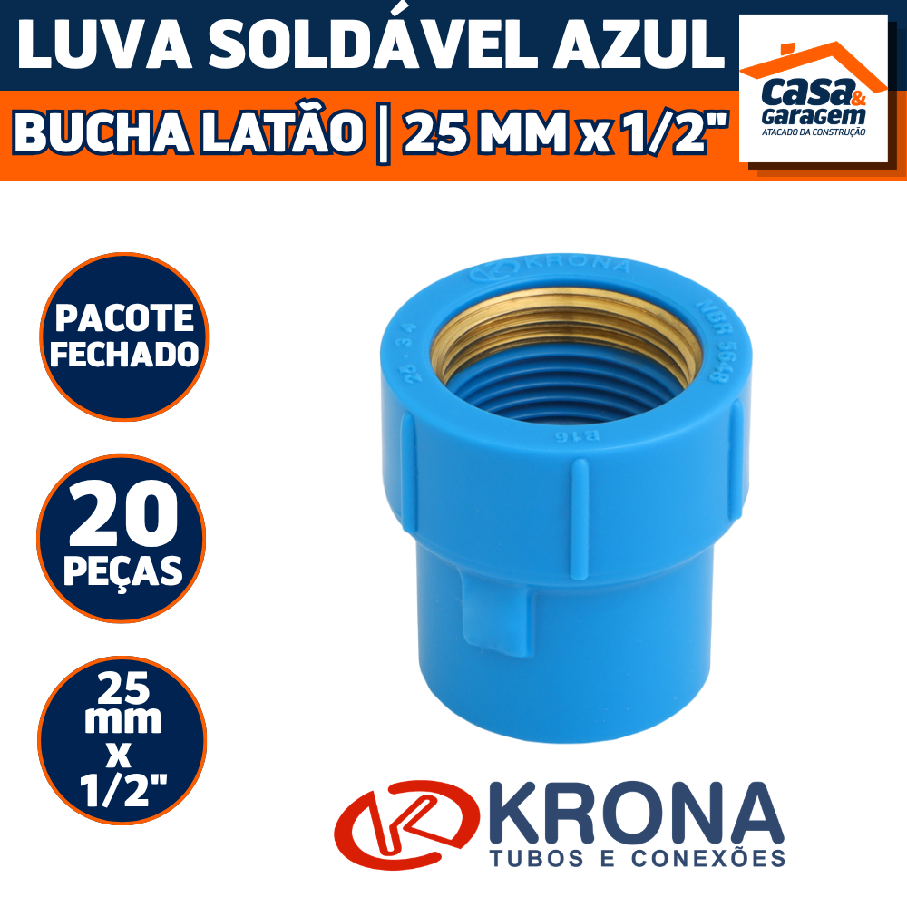 Kit Com 20 Luva Soldavel Azul Bucha Latao 25mm X 1/2 503 Krona