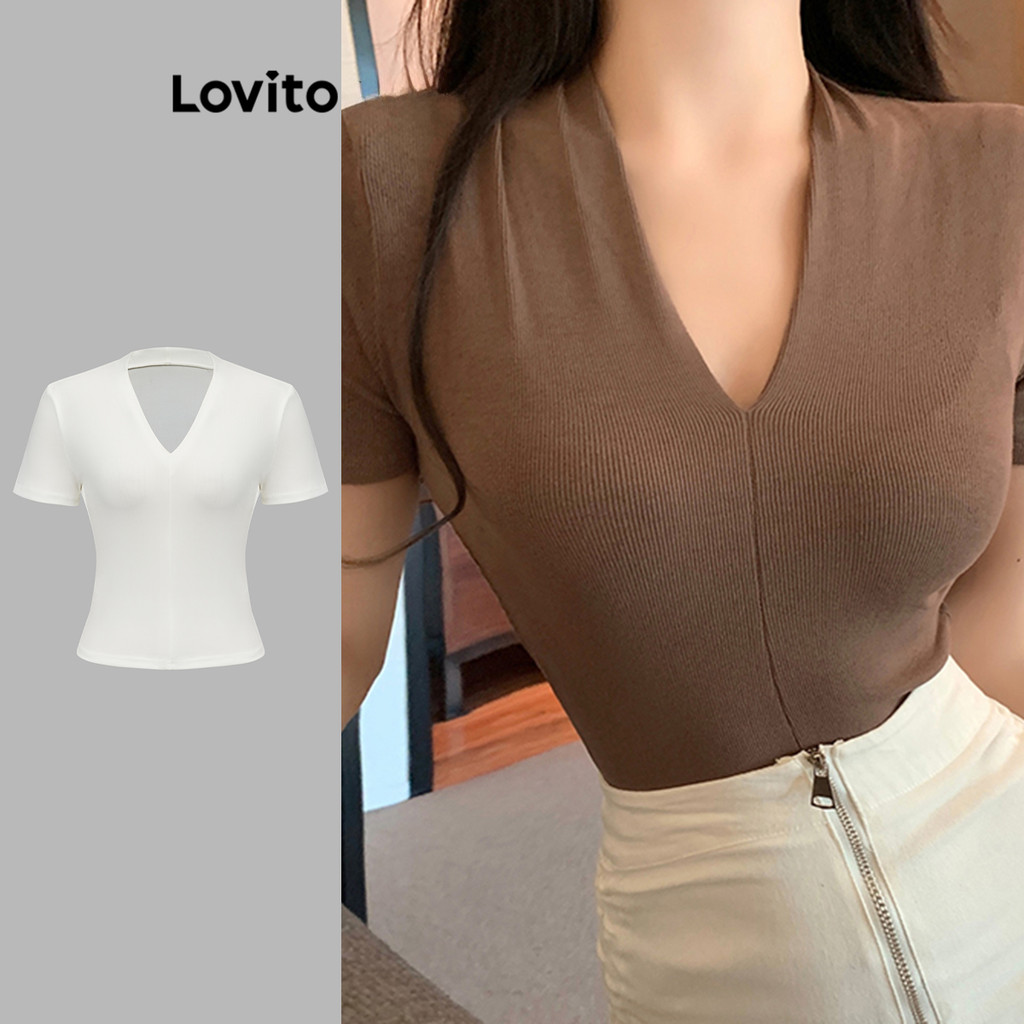 Lovito Camiseta Casual Lisa Com Decote Em V E Manga Curta Para Mulheres LNA10125 (Multicolorido)