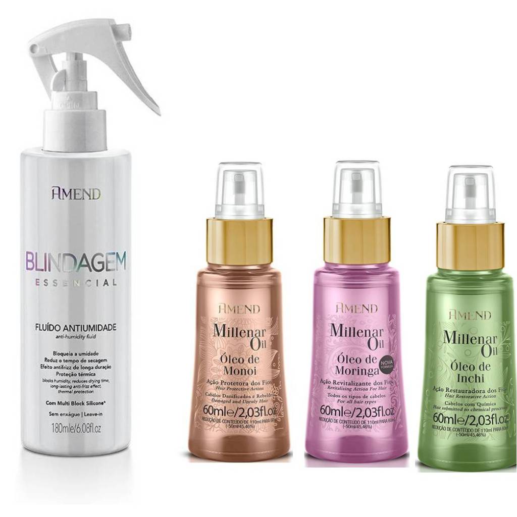Kit Amend Fluido Antiumidade Blindagem Essencial 180ML + 3 Óleos Millenar Segredos do Mundo 60ml