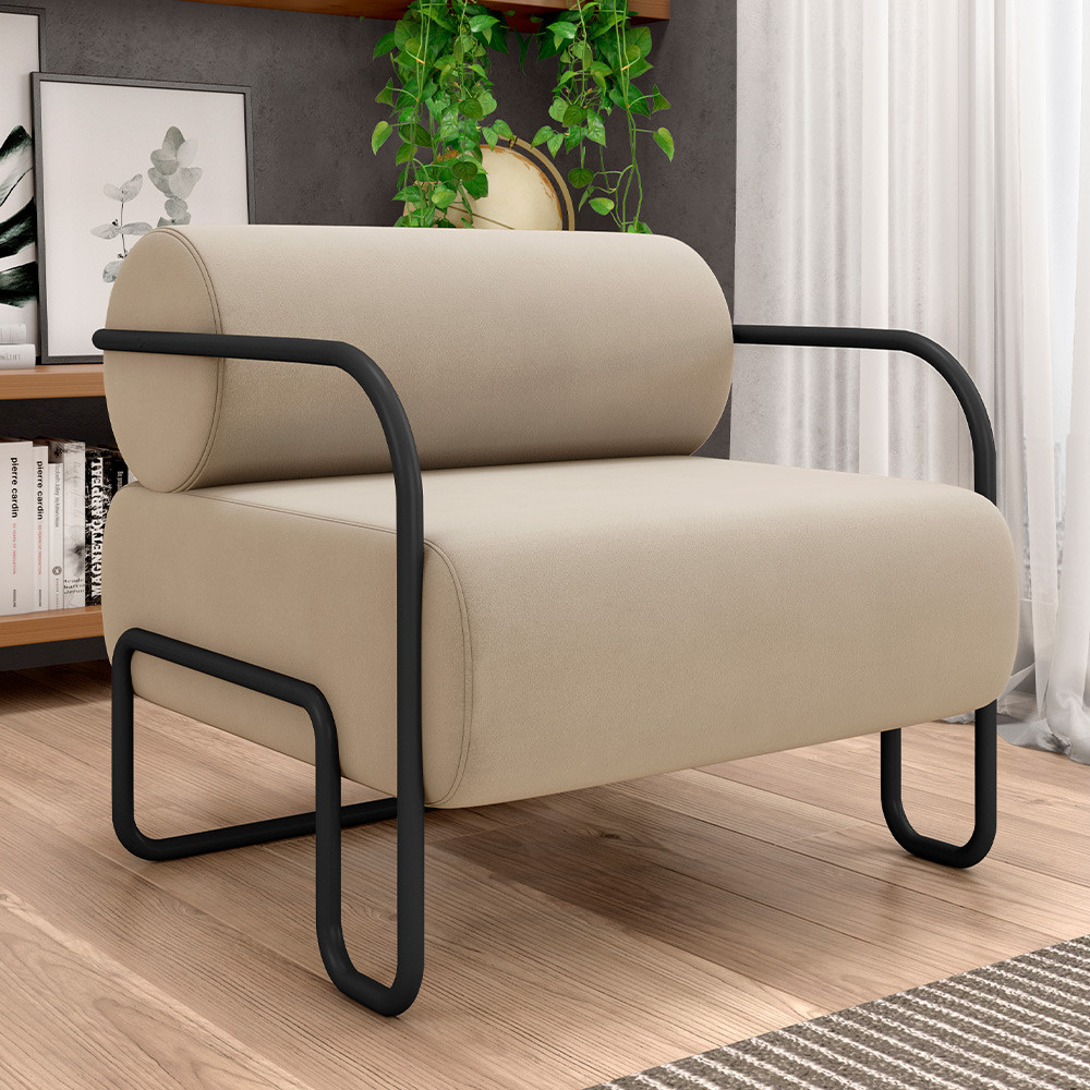 Poltrona Decorativa Pés Industrial Moscou K01 Veludo Bege - Lyam Decor