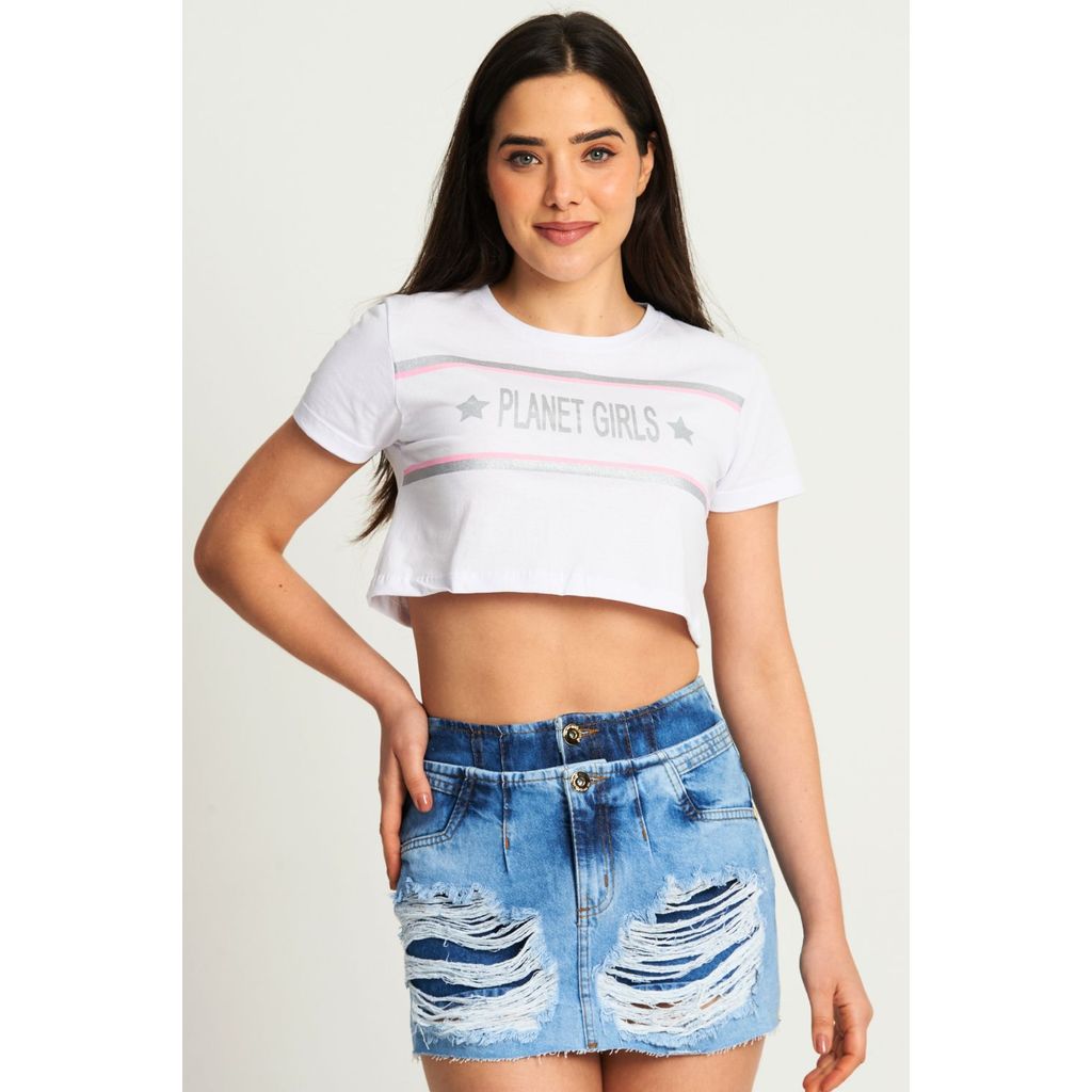 Cropped Feminino Silk Logo Planet Girls Branco